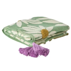 Rice NEU Gestrickte Decke Green Embossed Flowers/ Purple Tassels Outlet