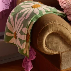 Rice NEU Gestrickte Decke Green Embossed Flowers/ Purple Tassels Outlet