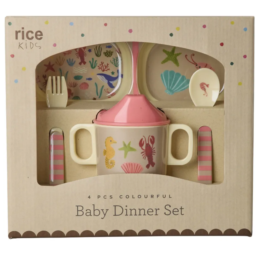 Rice NEU Melamin Geschirr Baby Geschenkbox Coral Ocean 4 teilig Outlet