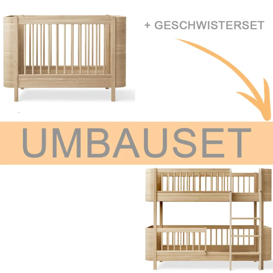 Oliver Furniture Umbauset Wood Mini+ Babybett inkl. Umbauset Juniorbett und Geschwisterset zum halbhohen Etagenbett Eiche Outlet