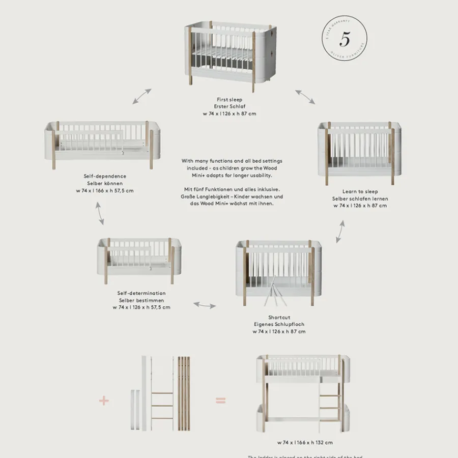 Oliver Furniture Umbauset für Baby- und Kinderbett Wood Mini+ zum halbhohen Hochbett Weiß/Eiche Fashion