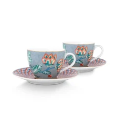 PIP Studio Espresso-Tasse und Unterteller Flower Festival Light Blue 120 ml 2er-Set Fashion
