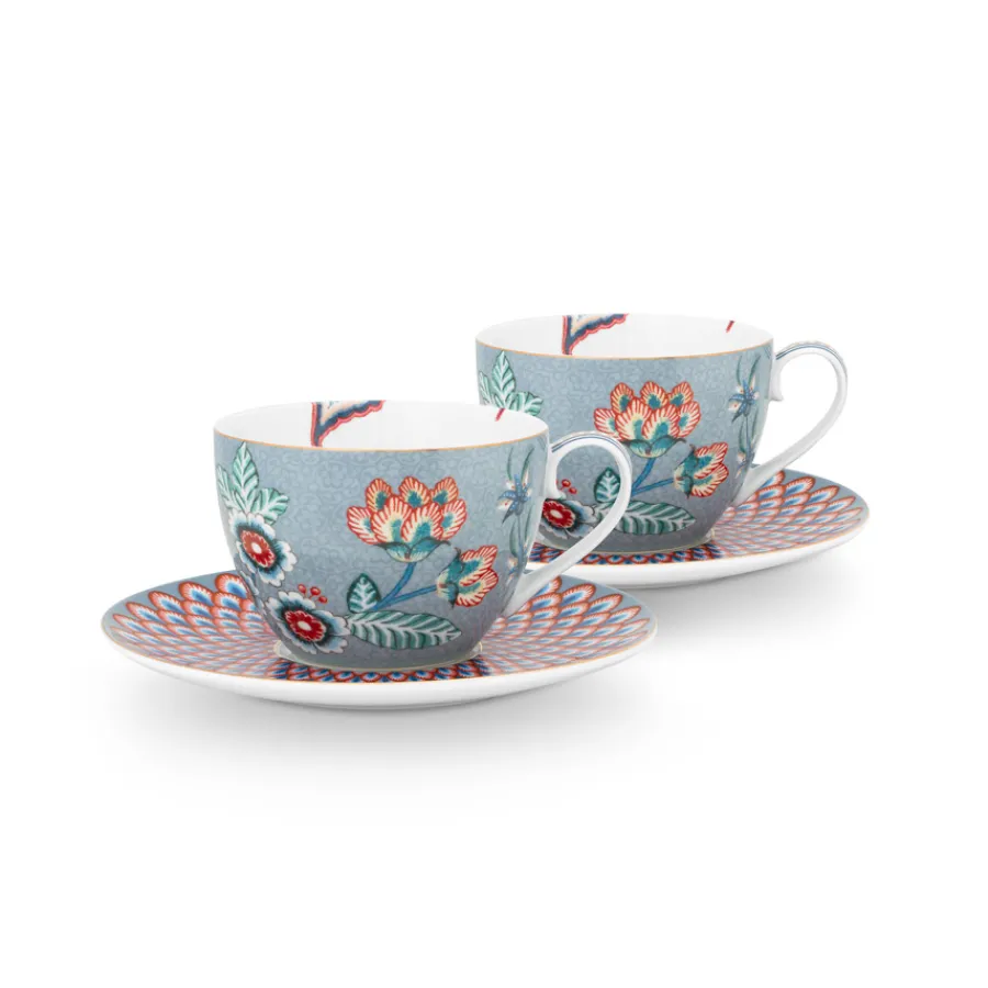 PIP Studio Tasse und Unterteller Flower Festival Light Blue 280ml 2er-Set Fashion