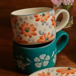 Rice Cappuccino-Tasse Keramik handbemalt Flowers Orange 200 ml New
