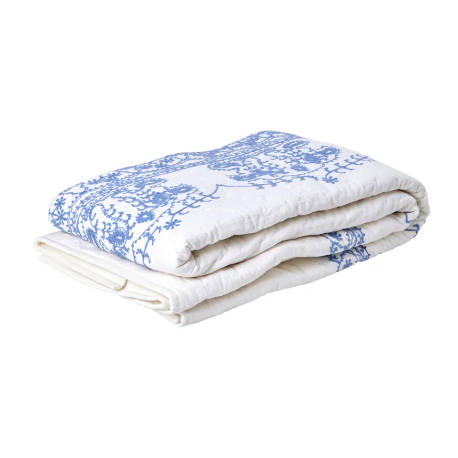 Rice Tagesdecke Quilt White/Blue bestickt 140 x 200 Sale