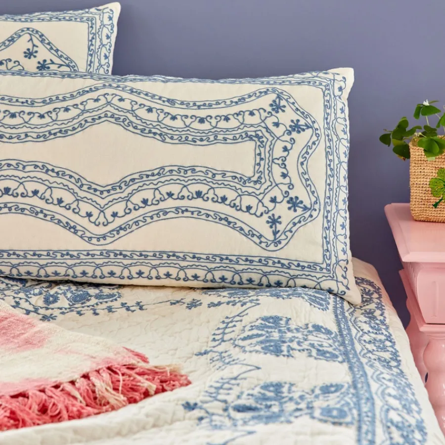 Rice Tagesdecke Quilt White/Blue bestickt 140 x 200 Sale